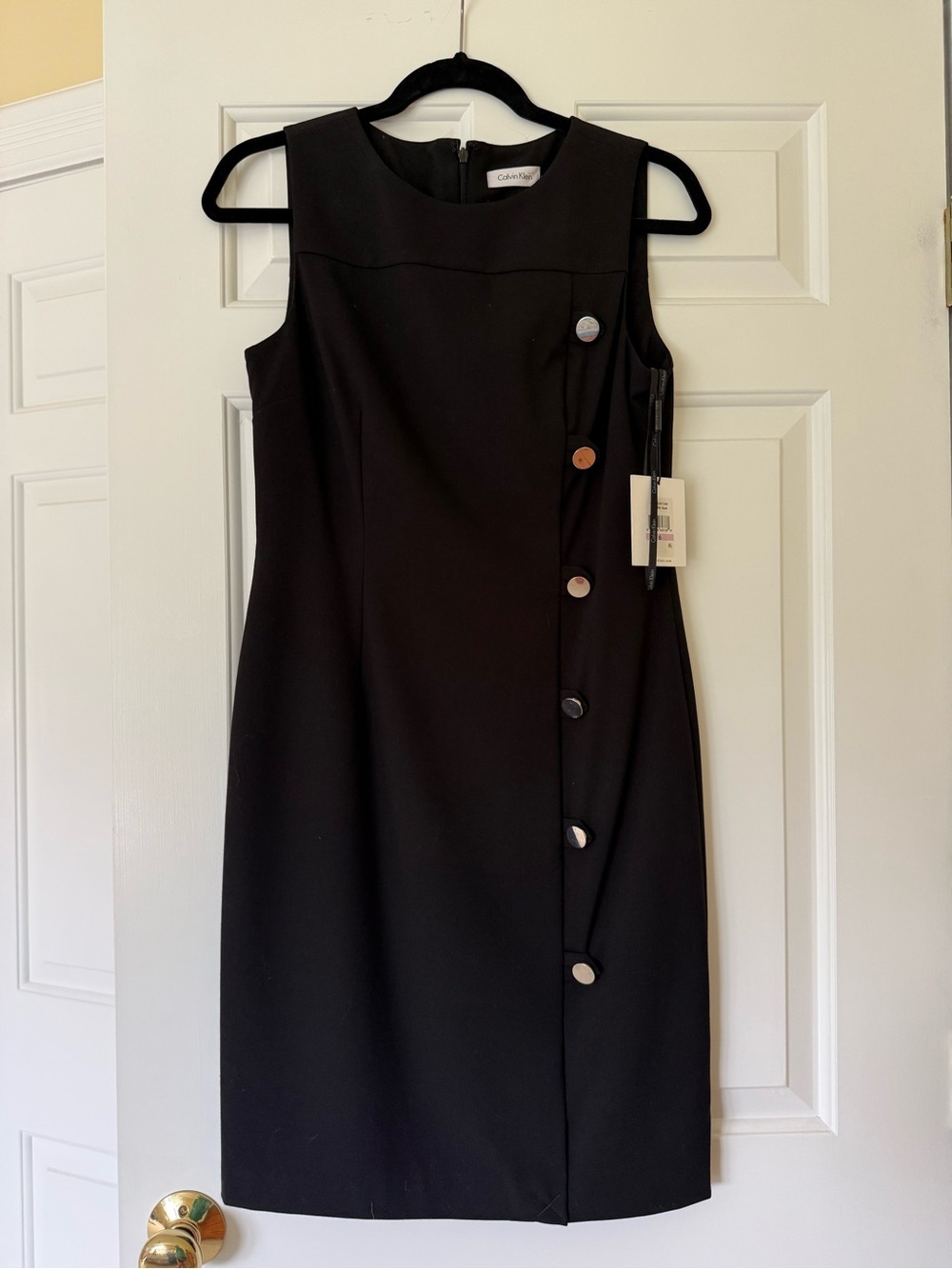 Calvin Klein Black Sleeveless Sheath Dress with Side Button Detail